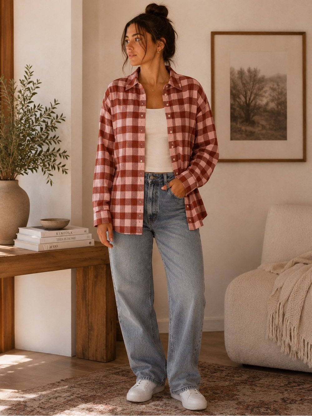Checked Button-Down Shirt Jacket - Rust/Pink